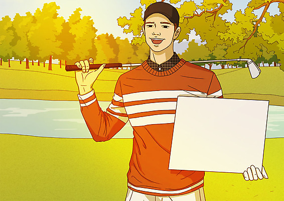 PSD 나무 모델 배너 남자 스포츠 골프 일러스트 골프장 한명 미소 들기 사람 상반신 성인 야외 팻말 골프채 연못 골프웨어 알림 아트툰 성인남자한명만 국내일러스트 식물 1 옷 스포츠시설 모션 골프용품 프레임 표정 구기 그림 남자한명만 성인남자만 파일형식