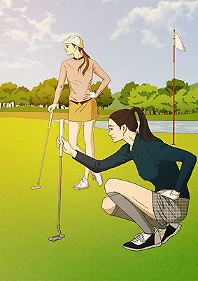 전신 PSD 응시 여자 스포츠 골프 일러스트 골프장 서기 사람 앉기 잔디 성인 야외 두명 골프채 깃발 골프웨어 집중 아트툰 성인여자만 국내일러스트 식물 시선 옷 컨셉 스포츠시설 모션 골프용품 구기 그림 여자만 성인만 파일형식