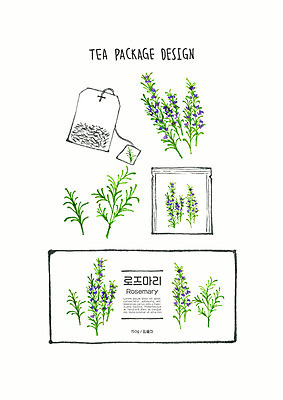 PSD 디자인 꽃 잎 일러스트 붓터치 수채화 사람없음 차 허브 번짐 패키지 로즈메리 티백 허브차 국내일러스트 식물 음료 차_음료 파일형식 효과