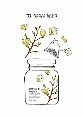 PSD 디자인 꽃 잎 일러스트 붓터치 유리병 수채화 사람없음 나뭇가지 용기 차 번짐 패키지 목련 티백 꽃차 국내일러스트 나무 식물 그릇 음료 병_용기 차_음료 파일형식 효과