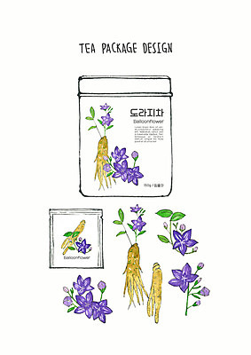 PSD 디자인 일러스트 붓터치 수채화 사람없음 컬러풀 보라색 차 번짐 패키지 티백 도라지꽃 도라지 국내일러스트 꽃 음료 컬러 차_음료 파일형식 효과
