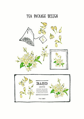 PSD 디자인 꽃 잎 일러스트 붓터치 수채화 사람없음 차 허브 번짐 패키지 티백 재스민 쟈스민차 허브차 국내일러스트 식물 음료 차_음료 파일형식 효과