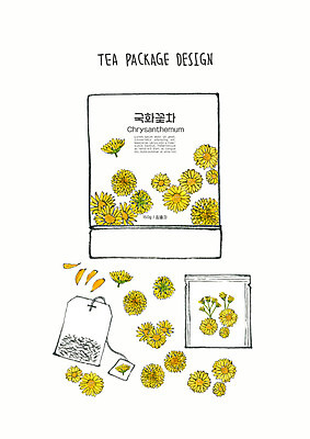 PSD 디자인 꽃 일러스트 붓터치 수채화 국화 사람없음 컬러풀 노란색 차 번짐 패키지 티백 꽃차 국내일러스트 식물 음료 컬러 차_음료 파일형식 효과