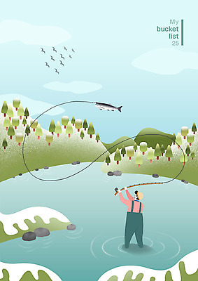 PSD 한마리 라이프스타일 남자 행복 여행 겨울 일러스트 낚시 산 어류 한명 사람 상반신 성인 초록색 파란색 낚싯대 즐거움 연어 알래스카 버킷리스트 국내일러스트 1 계절 감정 컬러 레저 생활 미국 수중동물 낚시용품 리스트 파일형식