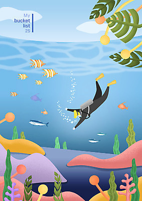 전신 PSD 라이프스타일 여자 행복 바다 여행 잎 여러마리 일러스트 어류 한명 사람 성인 파란색 바닷속 열대어 즐거움 다이빙 스쿠버다이빙 스쿠버다이버 자격증 버킷리스트 국내일러스트 식물 1 감정 컬러 다수 생활 수중 수영 수중동물 수상스포츠 리스트 수중스포츠 증명서 파일형식