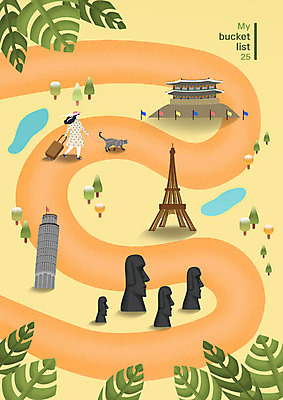 전신 PSD 한마리 라이프스타일 여자 행복 여행 잎 일러스트 한명 사람 성인 노란색 캐리어 주황색 세계여행 에펠탑 숭례문 즐거움 피사의사탑 모아이 버킷리스트 국내일러스트 식물 1 감정 컬러 한국 생활 세계 여행가방 이탈리아 세계문화유산 석상 파리 랜드마크 리스트 이스터섬 파일형식