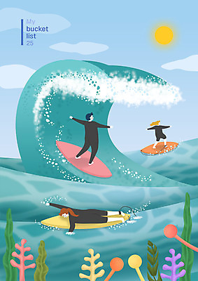 전신 PSD 라이프스타일 여자 남자 행복 파도 바다 일러스트 사람 성인 세명 여름 파란색 태양 도전 서핑보드 서핑 즐거움 서퍼 버킷리스트 국내일러스트 자연요소 계절 감정 컬러 운동선수 생활 수상스포츠 보드_스포츠 리스트 파일형식