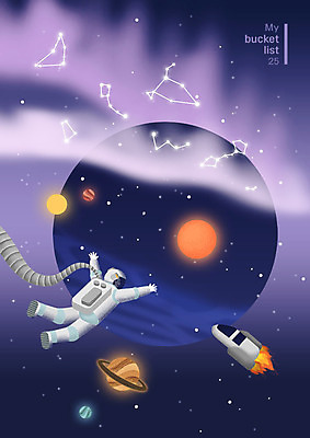 전신 PSD 라이프스타일 남자 행복 여행 일러스트 한명 사람 성인 우주 보라색 별자리 행성 로켓 도전 우주비행사 우주선 즐거움 우주여행 버킷리스트 국내일러스트 1 감정 컬러 생활 리스트 파일형식