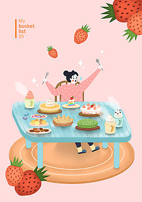 전신 PSD 라이프스타일 여자 행복 커피 음식 빵 분홍색 일러스트 딸기 디저트 한명 사람 성인 쌓기 케이크 달콤 맛 먹기 즐거움 버킷리스트 소확행 국내일러스트 1 감정 음료 컬러 컨셉 과일 모션 생활 신조어 리스트 파일형식