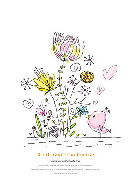 PSD 식물 한마리 꽃 잎 일러스트 조류 따뜻함 사랑 사람없음 컬러풀 하트 감성 국내일러스트 모양 동물 1 감정 컬러 컨셉 파일형식