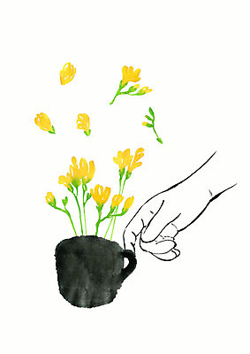 PSD 손 계절 꽃 선 일러스트 수채화 따뜻함 신체부위 컵 뷰티 노란색 봄 머그컵 커피잔 향기 번짐 감성 프리지어 국내일러스트 식물 식기 커피 컬러 컨셉 잔 사람 냄새 파일형식 효과