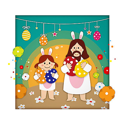 전신 여자 남자 꽃 별 기독교 어린이 일러스트 안기 서기 사람 성인 두명 컬러풀 예수 하나님 페이퍼아트 즐거움 토끼머리띠 부활절계란 가랜드 국내일러스트 AI파일 자연요소 식물 감정 종교 컬러 모션 부활절 계란 머리띠 신_종교 파티용품 파일형식 벡터