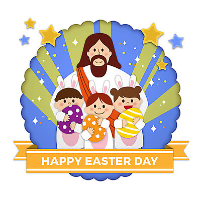 여자 남자 별 리본 기독교 어린이 일러스트 안기 미소 사람 여러명 상반신 성인 파란색 컬러풀 예수 하나님 페이퍼아트 즐거움 토끼머리띠 부활절계란 국내일러스트 AI파일 자연요소 감정 종교 컬러 다수 모션 부활절 표정 계란 머리띠 신_종교 파일형식 벡터