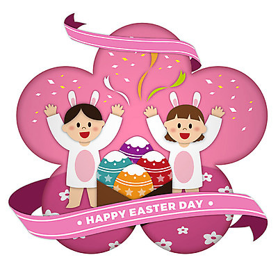 여자 남자 리본 기독교 어린이 분홍색 일러스트 사람 상반신 두명 만세 하나님 페이퍼아트 즐거움 부활절계란 토끼의상 국내일러스트 AI파일 옷 감정 종교 컬러 모션 부활절 계란 신_종교 파일형식 벡터