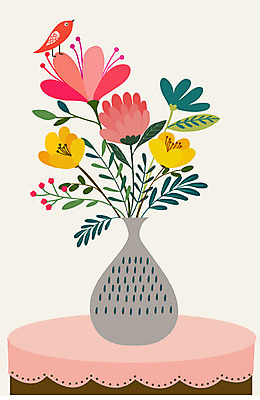 식물 한마리 꽃 화분 분홍색 잎 일러스트 탁자 조류 사람없음 초록색 한개 노란색 꽃병 오브젝트 정물화 국내일러스트 AI파일 동물 1 컬러 가구 그림 파일형식 벡터