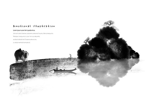 PSD 나무 남자 바다 섬 일러스트 캘리그라피 붓터치 산 물그림자 수묵화 사람 풍경 상반신 성인 두명 돛단배 뱃사공 고객 동양화 번짐 한국화 감성 국내일러스트 식물 컨셉 배_교통 그림자 미술 파일형식 효과