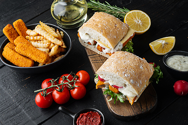 포토 JPG 해외이미지 방울토마토 검은배경 실내 샌드위치 사람없음 감자튀김 햄버거 소스 레몬 로즈메리 나무도마 생선튀김 해외포토 음식 백그라운드 토마토 과일 감자 도마 패스트푸드 내부 목재 검은색 튀김 양념 허브 파일형식 이미지허브