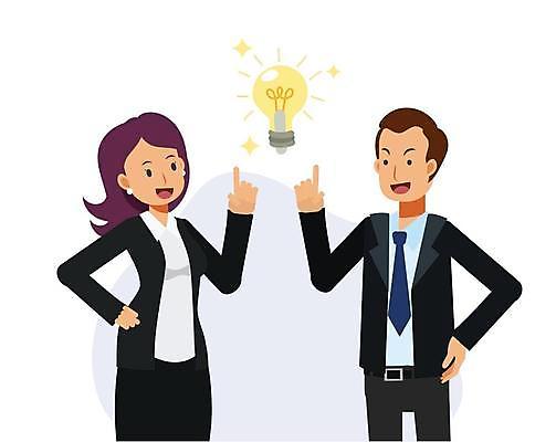 EPS 해외이미지 여자 남자 허리손 생각 일러스트 전구 아이디어 정장 손짓 상반신 성인 두명 손들기 가리킴 비즈니스맨 비즈니스우먼 비즈니스캐릭터 동료 성인만 해외일러스트 일러캐릭터 캐릭터 옷 포즈 컨셉 비즈니스 관계 모션 사람 직장인 파일형식 벡터 이미지허브