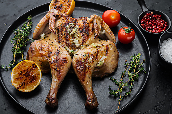 포토 JPG 해외이미지 접시 오렌지 방울토마토 검은배경 요리 사람없음 치킨 튀김 레몬 그릴구이 해외포토 식기 음식 백그라운드 토마토 과일 검은색 구이 닭고기요리 파일형식 이미지허브