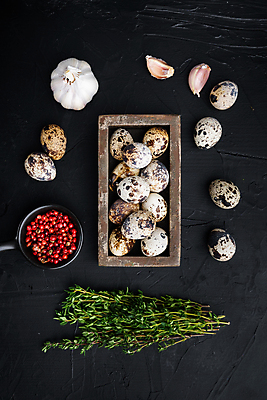 포토 JPG 해외이미지 식재료 검은배경 실내 육류 사람없음 하이앵글 나무상자 허브 담기 메추리알 메추리 통후추 해외포토 식물 뷰포인트 백그라운드 모션 내부 상자 알 검은색 후추 파일형식 이미지허브