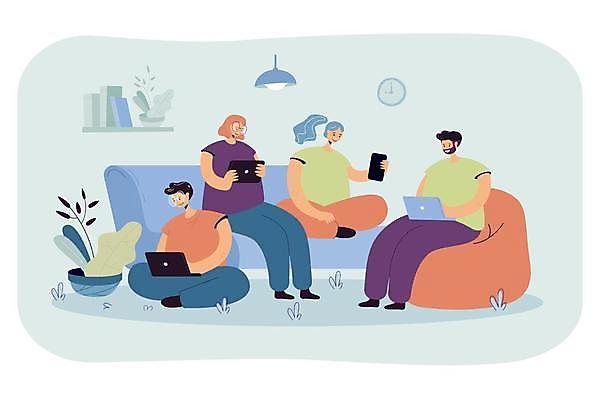 EPS 해외이미지 전신 여자 남자 화분 하늘색 의자 일러스트 비즈니스 선반 들기 앉기 여러명 성인 노트북 스마트폰 소파 태블릿 소셜네트워크 성인만 해외일러스트 가구 다수 모션 사람 파란색 전자제품 핸드폰 스마트기기 파일형식 벡터 이미지허브