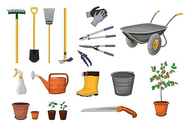 EPS 해외이미지 나무 화분 일러스트 장화 사람없음 수레 물뿌리개 삽 양동이 분무기 톱 갈퀴 괭이 목장갑 원예용품 전정가위 해외일러스트 식물 생활용품 장갑 신발 가위_도구 카트 공구 파일형식 벡터 이미지허브