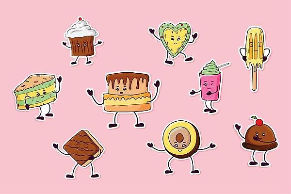 EPS 해외이미지 디자인 행복 음식 스티커 일러스트 휴가 아이스크림 디저트 사탕 장식 세트 파티 쿠키 케이크 초콜릿 하트 도넛 달콤 만화 컵케이크 수집 크림 엘리먼트 해외일러스트 모양 감정 이벤트 맛 파일형식 벡터 이미지허브