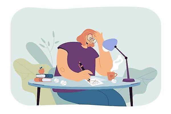 EPS 해외이미지 여자 종이 잎 일러스트 아이디어 한명 앉기 상반신 성인 책 기록 업무 사과 커피잔 작가 책상 문서 구김 구상 성인여자한명만 해외일러스트 식물 직업 1 커피 가구 컨셉 과일 모션 잔 사람 작업 여자한명만 성인여자만 파일형식 벡터 이미지허브