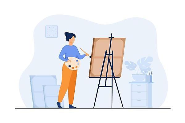 EPS 해외이미지 전신 여자 일러스트 한명 서기 들기 성인 붓 그리기 팔레트 이젤 그림 화가 미술가 성인여자한명만 해외일러스트 직업 1 모션 사람 미술도구 예술가 여자한명만 성인여자만 파일형식 벡터 이미지허브