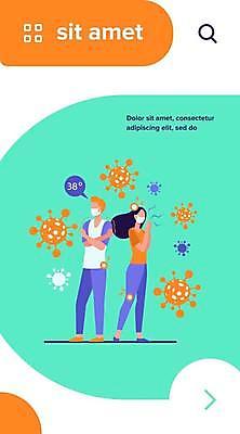 EPS 해외이미지 전신 템플릿 여자 남자 일러스트 마스크 서기 성인 두명 고통 열 호흡기관 바이러스 감염 긴장 고열 증상 성인만 코로나바이러스 확진자 델타변이바이러스 해외일러스트 감정 모션 사람 장기_의학 온도 파일형식 벡터 이미지허브