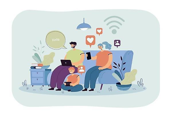 EPS 해외이미지 전신 여자 남자 화분 아들 어린이 하늘색 말풍선 일러스트 엄마 조명 들기 앉기 소년 성인 책 세명 스마트폰 소파 하트 아빠 서랍장 와이파이 소셜네트워크 해외일러스트 모양 가구 의자 가족 모션 사람 파란색 핸드폰 스마트기기 무선인터넷 파일형식 벡터 이미지허브