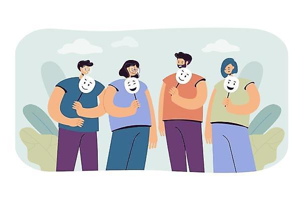 EPS 해외이미지 여자 남자 감정 잎 일러스트 무표정 가면 웃음 들기 여러명 상반신 성인 슬픔 우울증 성인만 해외일러스트 식물 다수 모션 표정 사람 질병 파일형식 벡터 이미지허브