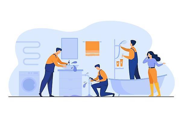 EPS 해외이미지 전신 여자 남자 일러스트 서기 들기 앉기 여러명 상반신 성인 파란색 스패너 수리 사건 화장실 배관공 수도관 성인만 해외일러스트 컬러 다수 모션 사람 공구 파일형식 벡터 이미지허브