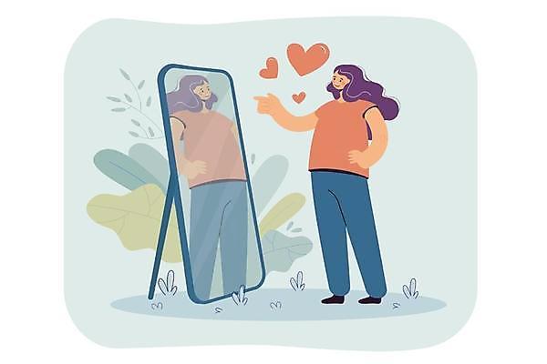 EPS 해외이미지 전신 캐릭터 응시 여자 행복 컨셉 일러스트 사랑 미소 성인 반사 거울 하트 잡기 자신감 플랫 만화 긍정 성격 셀프 유아독존 해외일러스트 일러캐릭터 모양 시선 감정 모션 표정 사람 파일형식 벡터 이미지허브