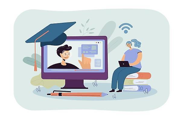 EPS 해외이미지 전신 여자 남자 대학생 일러스트 학사모 설명 앉기 손짓 상반신 성인 두명 책 노트북 컴퓨터 펜 모니터 교수 강의 대학교 동영상 온라인강의 책더미 성인만 안경낌 언택트 온택트 해외일러스트 모자_잡화 학생 안경 졸업 학교 모션 사람 전자제품 필기구 교사 무더기 파일형식 벡터 이미지허브