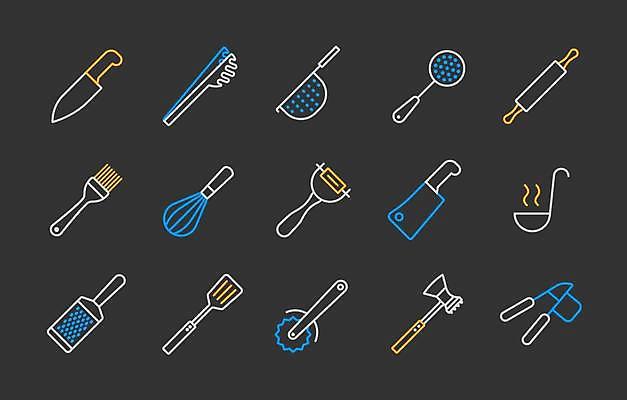 EPS 해외이미지 포크 일러스트 집게 사람없음 세트 채망 망치 국자 거품기 뒤집개 밀대 식칼 감자칼 강판 피자칼 차거름망 해외일러스트 식기 주방용품 공구 칼 파일형식 벡터 이미지허브