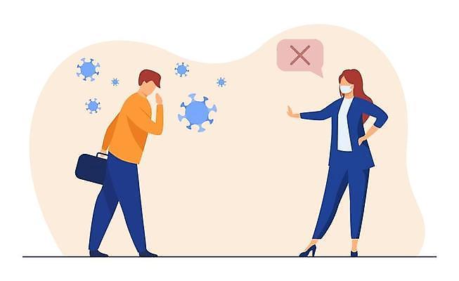 EPS 해외이미지 여자 남자 일러스트 마스크 성인 두명 비즈니스맨 비즈니스우먼 바이러스 동료 경영자 그만 증상 성인만 코로나바이러스 사회적거리두기 확진자 노마스크 델타변이바이러스 해외일러스트 캠페인 비즈니스 관계 사람 직장인 사회이슈 리더 파일형식 벡터 이미지허브