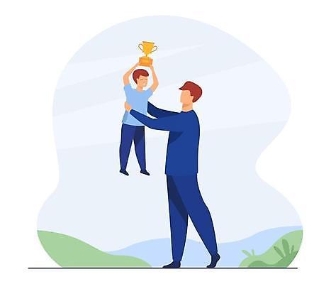 EPS 해외이미지 전신 남자 어린이 일러스트 안기 들기 소년 성인 두명 우승 트로피 해외일러스트 모션 사람 최고 상_우승 파일형식 벡터 이미지허브
