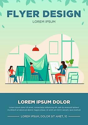 EPS 해외이미지 전신 모델 디자인 여자 의자 일러스트 앉기 성인 타이포그라피 세명 파란색 연필 그리기 이젤 홍보물 캔버스 성인여자만 해외일러스트 문자 컬러 가구 모션 학용품 사람 필기구 미술도구 여자만 성인만 파일형식 벡터 이미지허브