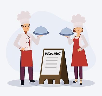 EPS 해외이미지 직업 캐릭터 여자 남자 행복 음식 유니폼 일러스트 함께함 쟁반 요리 서기 미소 성인 주방 식당 요리사 카페 레인지 플랫 만화 서비스 메뉴 해외일러스트 일러캐릭터 옷 감정 컨셉 모션 표정 사람 상점 가전제품 파일형식 벡터 이미지허브