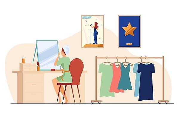 EPS 해외이미지 전신 옷 여자 별 액자 의자 일러스트 한명 앉기 성인 수건 뷰티 화장품 거울 가수 화려 옷걸이 화장대 성인여자한명만 해외일러스트 자연요소 1 가구 컨셉 모션 사람 위생용품 음악가 여자한명만 성인여자만 파일형식 벡터 이미지허브