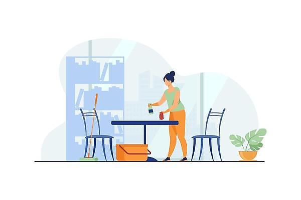 EPS 해외이미지 전신 여자 화분 의자 일러스트 탁자 책장 한명 서기 들기 성인 청결 청소 양동이 창가 대걸레 성인여자한명만 해외일러스트 1 가구 창문 모션 사람 위생 청소도구 여자한명만 성인여자만 파일형식 벡터 이미지허브