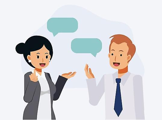 EPS 해외이미지 여자 남자 말풍선 일러스트 말하기 대화 미소 정장 상반신 성인 두명 화목 비즈니스맨 비즈니스우먼 비즈니스캐릭터 동료 소통 의사소통 성인만 해외일러스트 일러캐릭터 캐릭터 옷 컨셉 비즈니스 관계 모션 표정 사람 직장인 파일형식 벡터 이미지허브