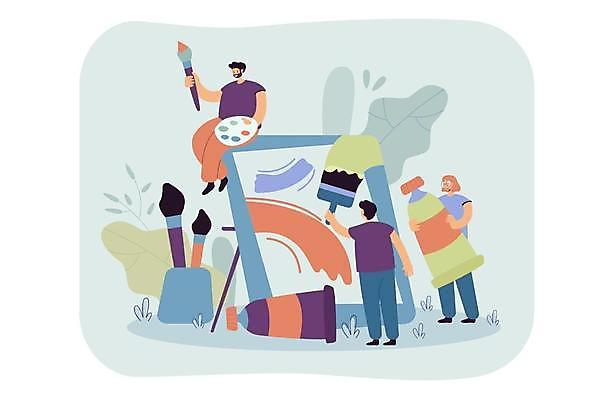 EPS 해외이미지 여자 남자 잎 일러스트 미술 서기 들기 앉기 성인 세명 물감 붓 그리기 화가 미술가 성인만 해외일러스트 식물 직업 모션 문화예술 사람 미술도구 예술가 파일형식 벡터 이미지허브