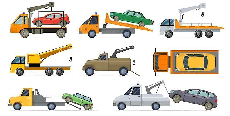 EPS 해외이미지 일러스트 승용차 사람없음 세트 교통사고 기중기 견인 갈고리 견인차 렉카 해외일러스트 자동차 중장비 사건 특수차량 파일형식 벡터 이미지허브