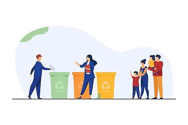 EPS 해외이미지 전신 여자 남자 어린이 일러스트 가족 엄마 서기 소년 여러명 성인 야외 재활용 환경오염 아빠 쓰레기 플라스틱 버리기 에코 친환경 분리수거 분리수거함 시범 들어올리기 해외일러스트 다수 컨셉 관계 모션 재질 사람 환경 수거함 파일형식 벡터 이미지허브