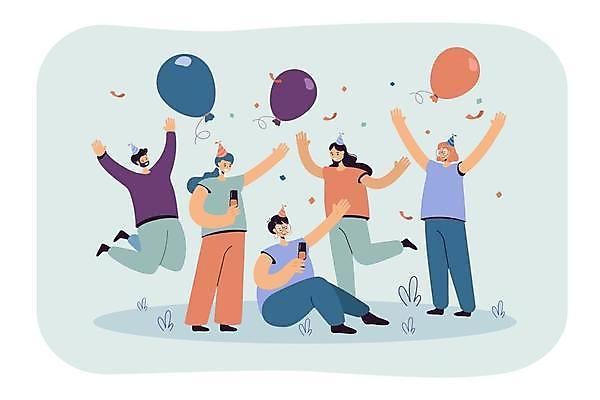 EPS 해외이미지 전신 여자 남자 행복 일러스트 함께함 서기 들기 앉기 여러명 성인 친구 점프 우정 기쁨 만세 축하 샴페인잔 꽃가루 풍선 성인만 해외일러스트 감정 다수 컨셉 술잔 관계 모션 사람 가루 파일형식 벡터 이미지허브