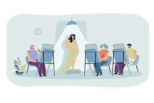 EPS 해외이미지 전신 모델 여자 남자 일러스트 조명 서기 들기 앉기 여러명 성인 그리기 이젤 그림 캔버스 화가 미술가 단상 성인만 해외일러스트 직업 다수 모션 사람 미술도구 예술가 파일형식 벡터 이미지허브