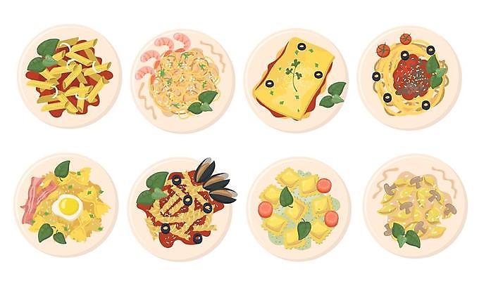 EPS 해외이미지 접시 일러스트 파스타 요리 사람없음 라자냐 펜네 해물파스타 해외일러스트 식기 서양음식 이탈리아음식 파일형식 벡터 이미지허브