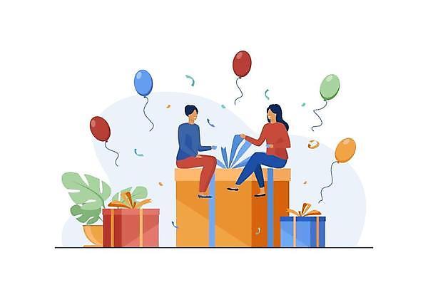 EPS 해외이미지 전신 여자 잎 일러스트 선물 앉기 손짓 성인 두명 선물상자 파티 축하 꽃가루 풍선 성인여자만 해외일러스트 식물 컨셉 모션 사람 이벤트 상자 가루 여자만 성인만 파일형식 벡터 이미지허브